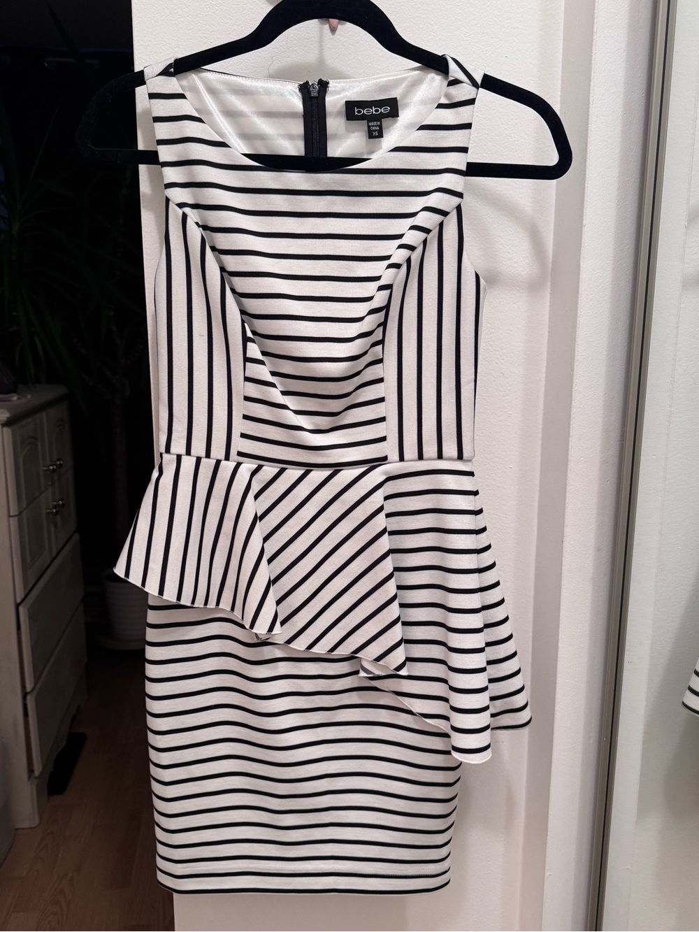 bebe Black and White Striped Peplum Mini Dress